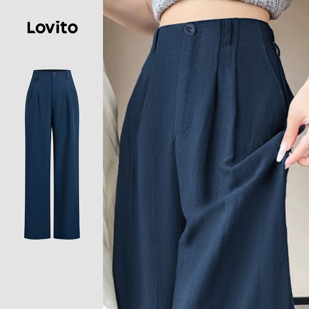 Lovito กางเกงลำลองซิป ใส่ได้ทุกฤดู สีน้ำเงินกรมท่า สำหรับผู้หญิง L149ED084