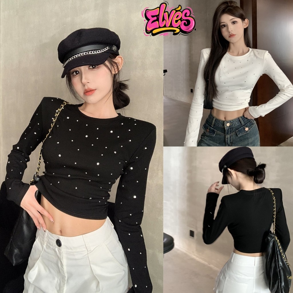 Elves พร้อมส่ง เสื้อครอปแขนสั้น แต่งเพชร สีพื้นขาวดำ ใส่ได้ทุกวัน"FY5003"