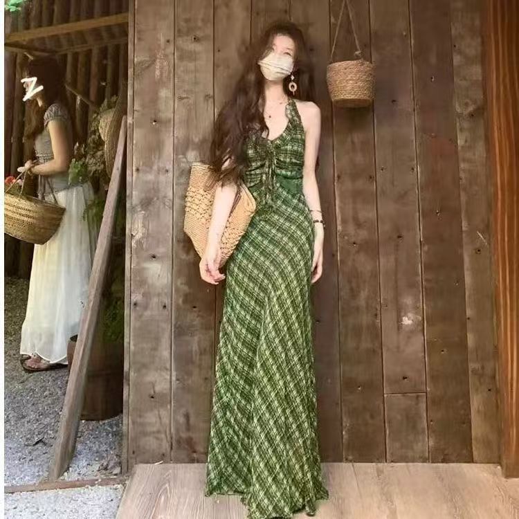 ชุดเดรสสลิงลายสก๊อตสีเขียวสด สไตล์ย้อนยุค สำหรับผู้หญิง