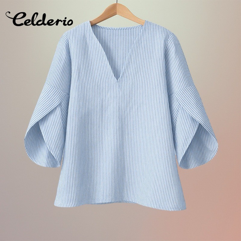 Celderio ผู้หญิงลําลองลายคอวี 3/4 แขนเสื้อ Streetwear ทํางาน OL เสื้อ