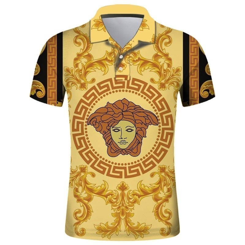 Versace ผ้าพอลโลว์ชาย สไตล์แฟชั่น ลายพิมพ์ดิจิตอล 3 มิติ แขนสั้น คลายตัวเร็วแห้ง