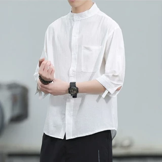 เสื้อเชิ้ตผ้าลินินผู้ชาย แขน 3/4 ทรงหลวม สไตล์มินิมอล ระบายอากาศดี