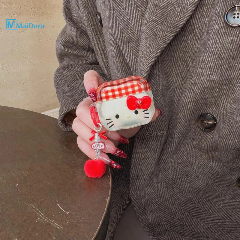 กระเป๋าหูฟัง Hello Kitty AirPods4/3/2/1 ลายตารางสีแดง โบว์AirPodsPro2 ซิลิโคนป้องกันการตกหล่น เคสหูฟังบลูทูธ เหมาะสำหรับ