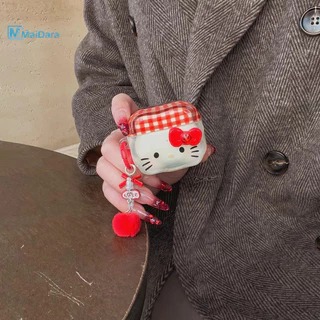กระเป๋าหูฟัง Hello Kitty AirPods4/3/2/1 ลายตารางสีแดง โบว์AirPodsPro2 ซิลิโคนป้องกันการตกหล่น เคสหูฟังบลูทูธ เหมาะสำหรับ