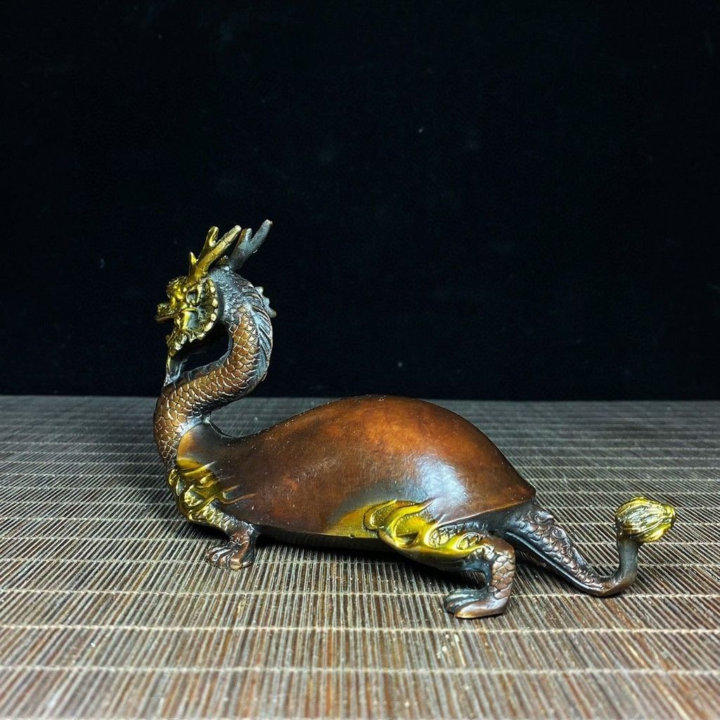 คอลเลกชันโบราณทองแดงบริสุทธิ์ Gilt Dragon Turtle เครื่องประดับ 11.7 gudong