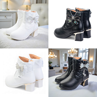 รองเท้าบูทเด็กโตประดับโบว์ หัวใจ กิลเตอร์วิ้งๆ ส้นสูง2 นิ้ว …