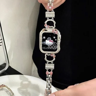 KT cat สายโลหะเพชรเงา + เคส hollow สําหรับ Apple Watch Ultra 2/S11/S10/S9/S8/S7/S6/S5/S4/S3/S2/SE iWatch 49/46/45/44/42/41/40/38 มม.
