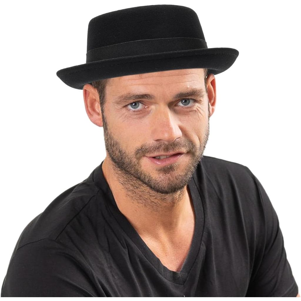 Men's Flat Top Pork Pie Hat - Wool Porkpie Fedora Hats Vintage Bowler Hats for Women