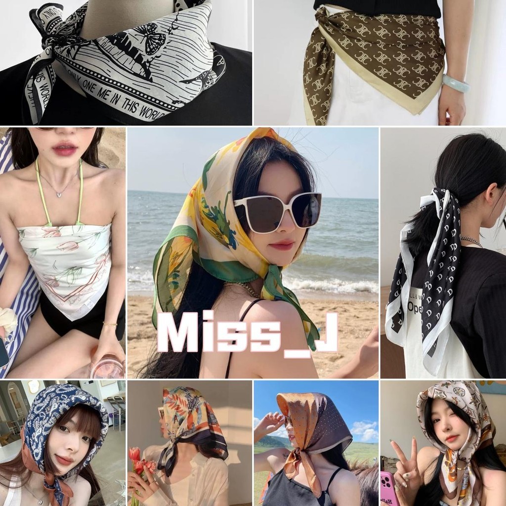 Miss_J พร้อมส่งจากกทม ผ้าพันคอซาติน ผ้ามัดผมเกาหลี ลายสวยสีสดใส 70*70ซม