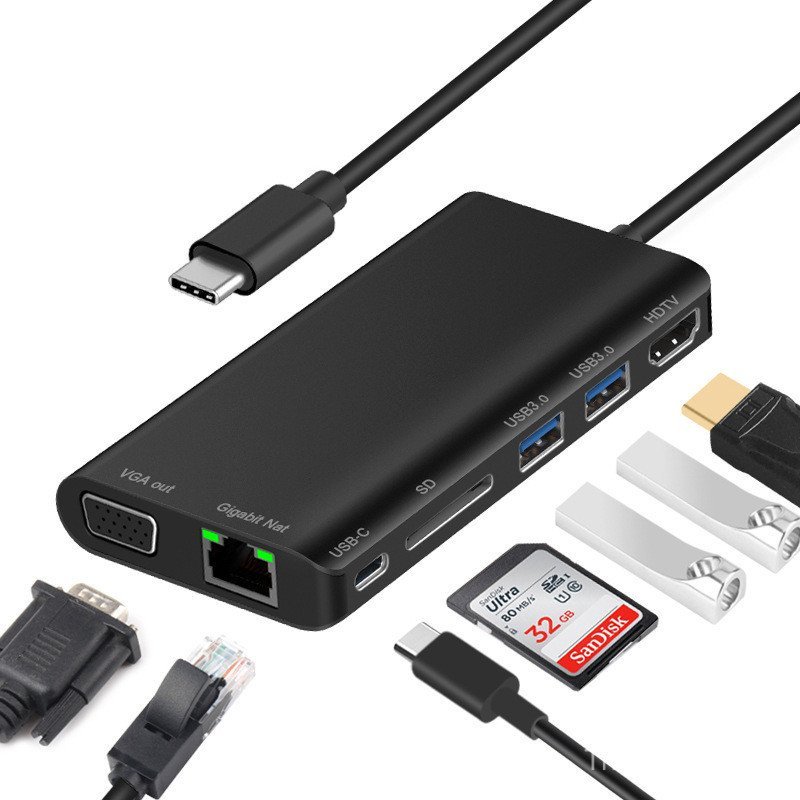 Typec เป็น VGA RJ45 HDMI 8-in-1 Docking Station โน้ตบุ๊ค HUB Docking Station เครื่องอ่านการ์ด SD