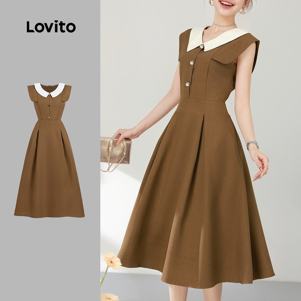 Lovito ชุดเดรสหรูหราลายบล็อกสี ริ้วเชื่อมต่อโครงสร้าง ซิป ลำลอง ฤดูใบไม้ผลิ/ฤดูร้อน สีคากี L143ED290