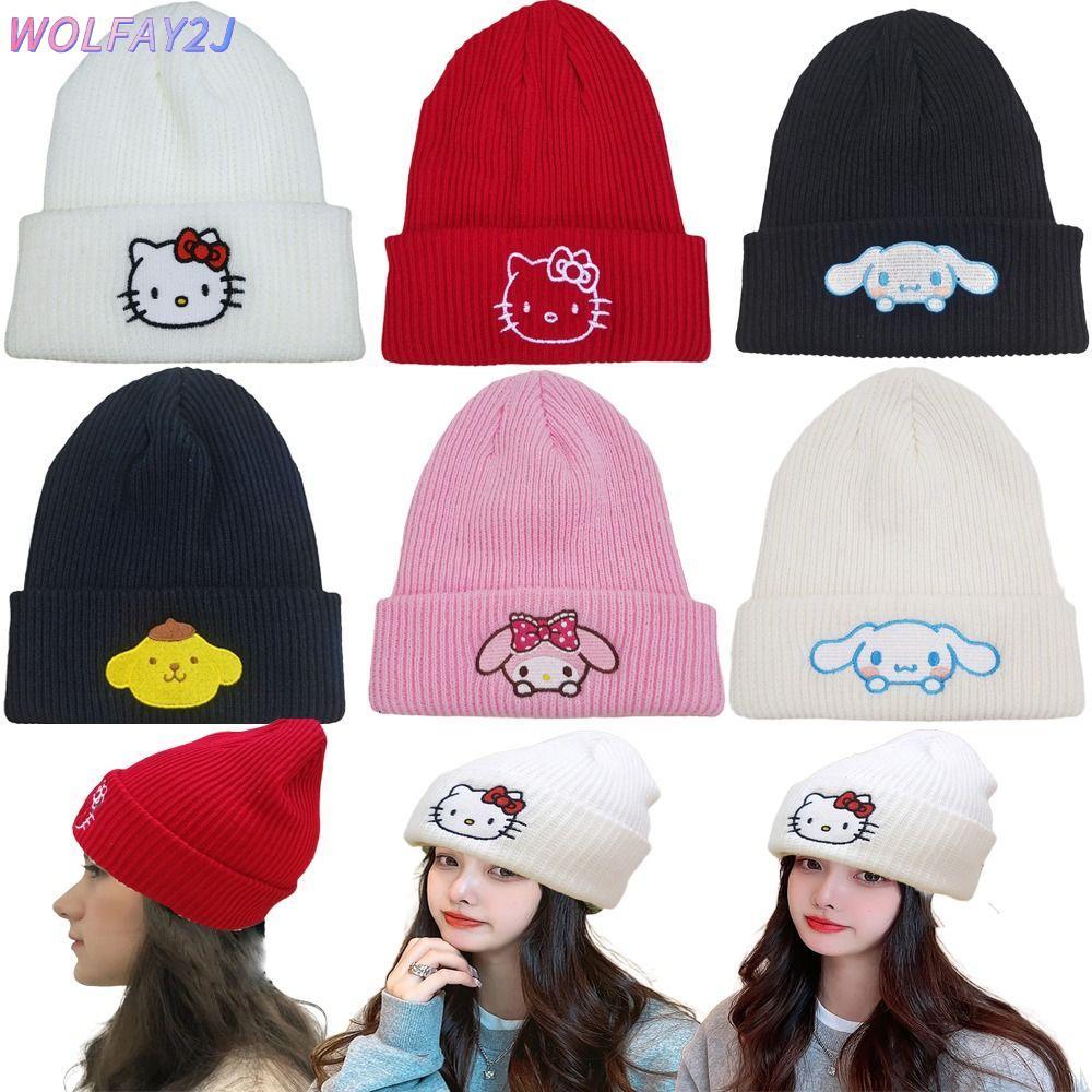 หมวกถัก WOLFAY2J แบบ Warm Kuromi Cat Dog สำหรับฤดูหนาวและใบไม้ร่วง พร้อมหูอุ่นและเหมาะสำหรับการใช้งา