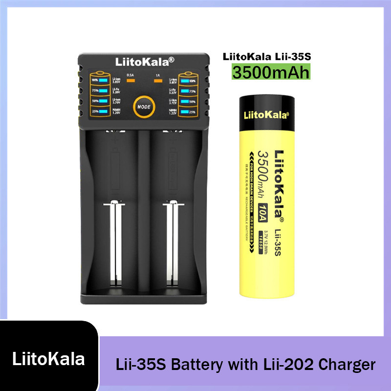 LiitoKala Lii-35S 18650 Flat แบตเตอรี่ชาร์จ Li-ion 3.7V 3500mAh พร้อม Lii-202 เครื่องชาร์จ