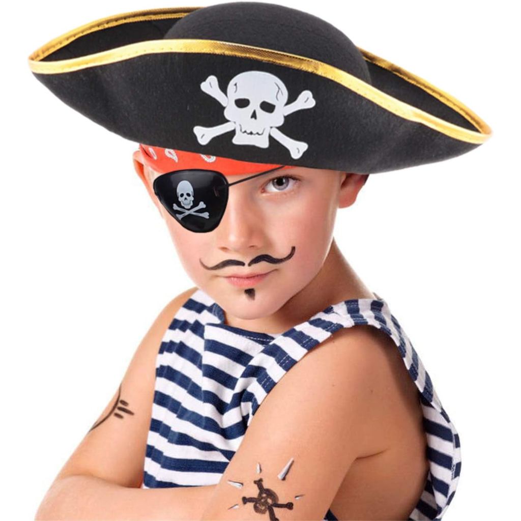 D-Fokes 2 แพ็คเด็ก Felt Pirate Hat - Tri Corner Pirate Party Hat - Skull Print Pirate Captain Costum