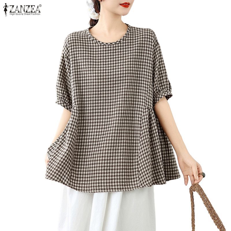 ZANZEA เสื้อเบลาส์ผู้หญิง ลายตาราง สไตล์เกาหลีย้อนสมัย แขนบานเล็กๆ กับกระพรวน