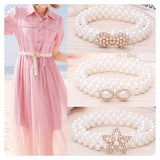 Vintage Jewelry ผู้หญิงเข็มขัดมุกเอวบางโซ่แฟชั่นเข็มขัดยางยืด