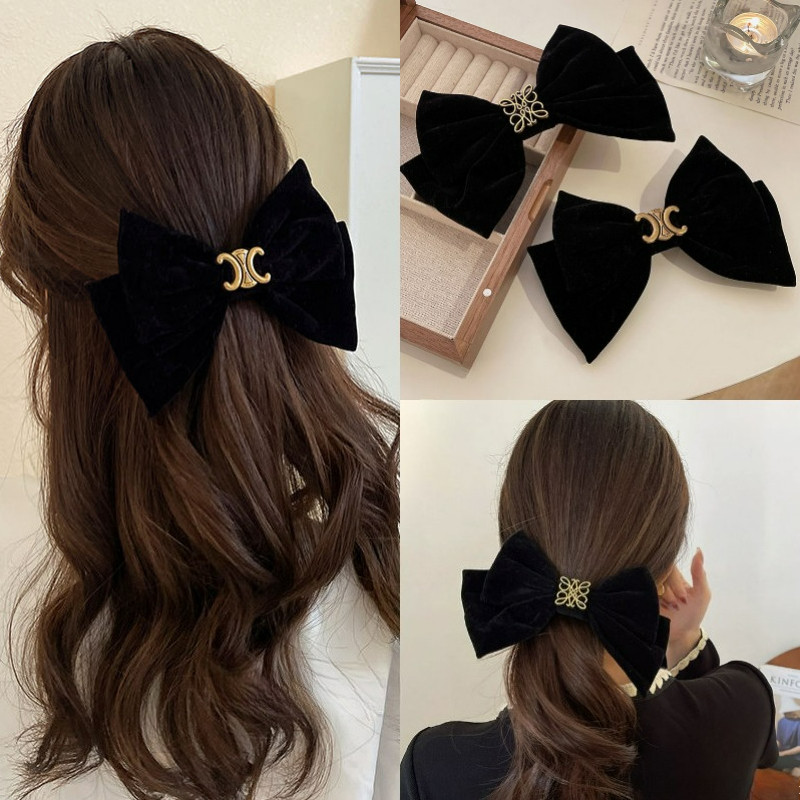 Hairpin ลายโบว์สองชั้นแบบเกาหลี สไตล์เรโทร สีดำ ออกแบบมาสำหรับฤดูใบไม้ผลิ