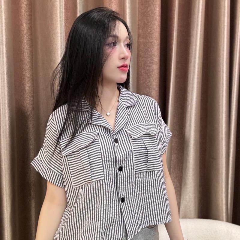 【Phuket Mall】2ไซส์อก32-44เสื้อเชิ้ตผู้หญิงแต่งกระเป๋าคู่ลายริ้ว ร06