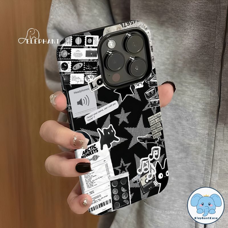 เคสไอโฟน17สำหรับ IPhone 11 12 13 15 16 17 Air 14 Pro Max XR XS X Max 14 15 16 7 8 Plus ปกซิลิโคนเคลือบเงาลายดาวแมวดำ