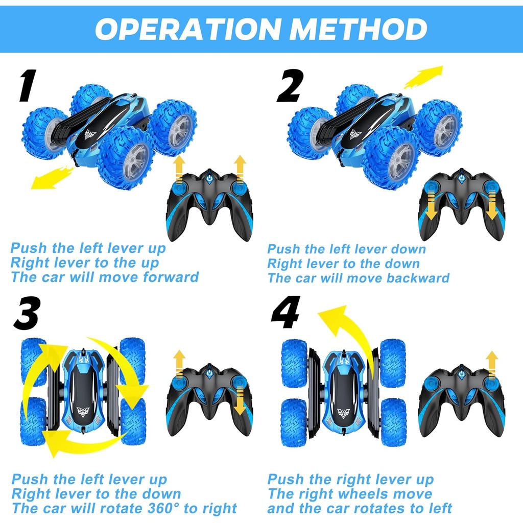 KKONES Remote Control Car, 2.4GHz Double Sided 360° Flips Rotating Electric Race RC Stunt Car, LED W