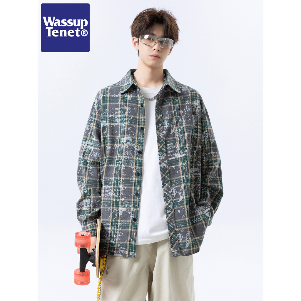 เสื้อลายขอ gq เสื้อเชิ้ต Wassup tenet เสื้อเชิ้ตแขนยาวคอปกลายสก๊อตแนววินเทจสไตล์อเมริกันเสื้อคู่ทรงห