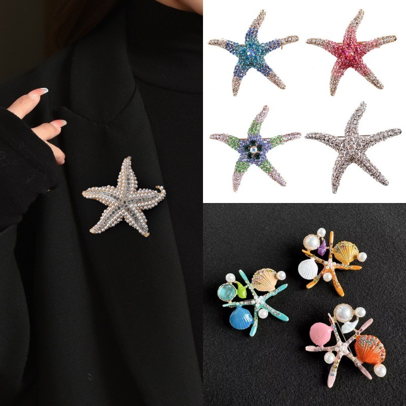 เข็มกลัดแบบหอยทรายทะเลจากอลูมิเนียมและคริสตัล Rhine เสริมความโรแมนติกให้กับเสื้อผู้หญิงสไตล์ชายหาด