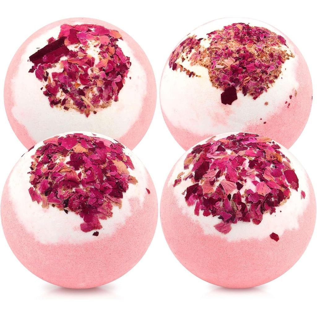 Dried Flower Bath Bombs Salt Balls,4-Pack Gift Set,Rose Extract Essential Oils,Moisturizing Dry Skin