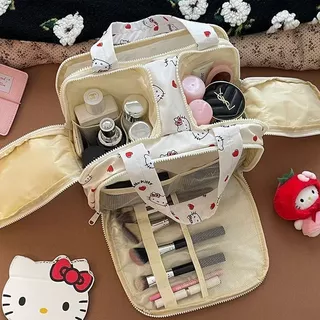 Hello Kitty กระเป๋าเครื่องสําอางกระเป๋าเก็บพาร์ทิชันกระเป๋าเครื่องสําอางแบบพกพาความจุขนาดใหญ่