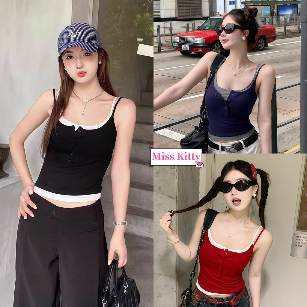 🎀Miss Kitty เสื้อสายเดี่ยวแต่งสองชั้น มีเสริมฟองน้ำในตัว แขนกุด เสื้อผ้าแฟชั่นผู้หญิง