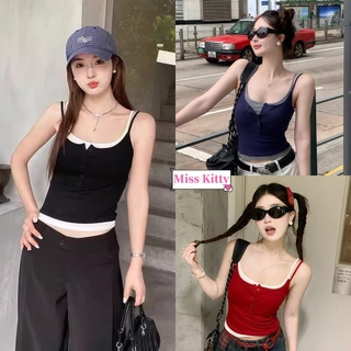 🎀Miss Kitty เสื้อสายเดี่ยวแต่งสองชั้น มีเสริมฟองน้ำในตัว แขนกุด เสื้อผ้าแฟชั่นผู้หญิง