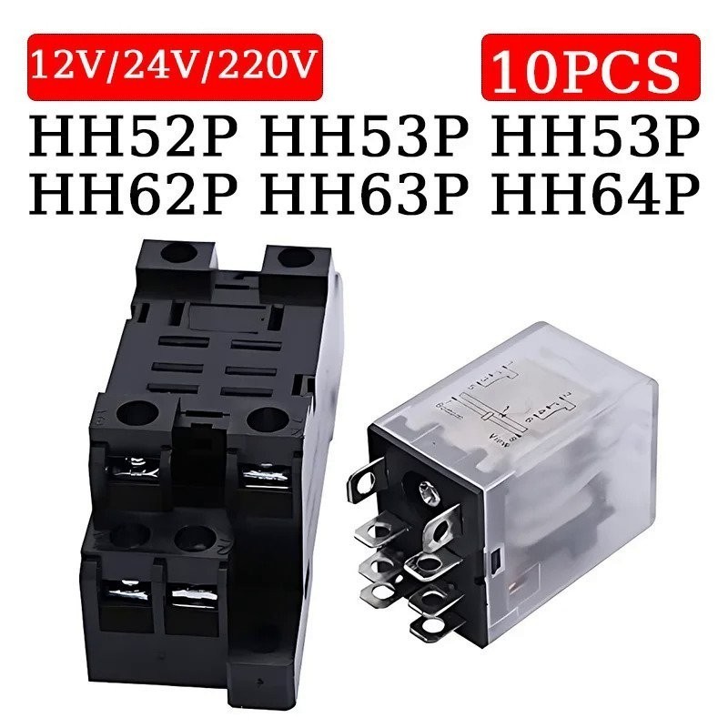 10Pcs Intermediate Relay Miniature Control Relay Base Switch AC 220V DC 12V 24V HH52P HH53P HH54P HH