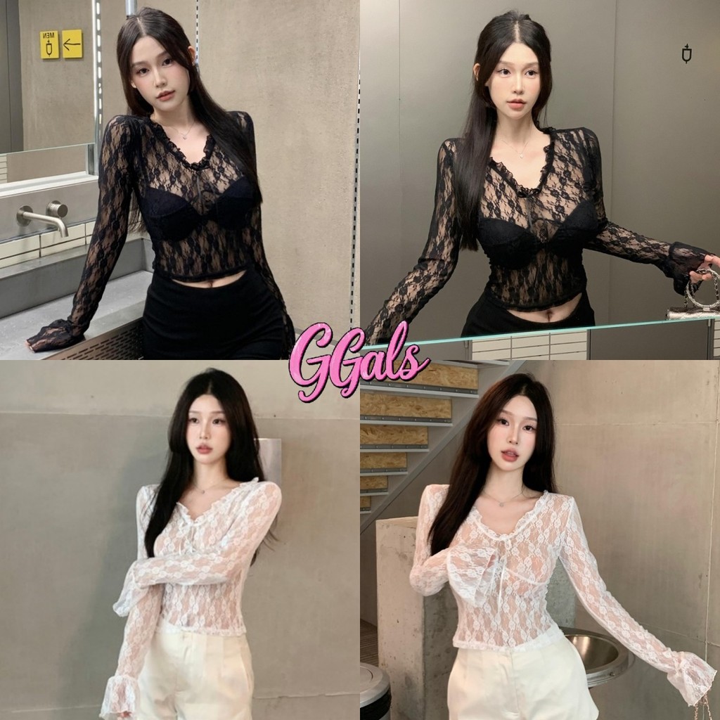 🌸GGals🌸เสื้อแ คอกลม สีทึบ ผ้านิ่ม เข้ารูป ผ้าลูกไม้ เสื้อแขนยาว ซีทรู เซ็กซี่ สไตล์เกาหลี