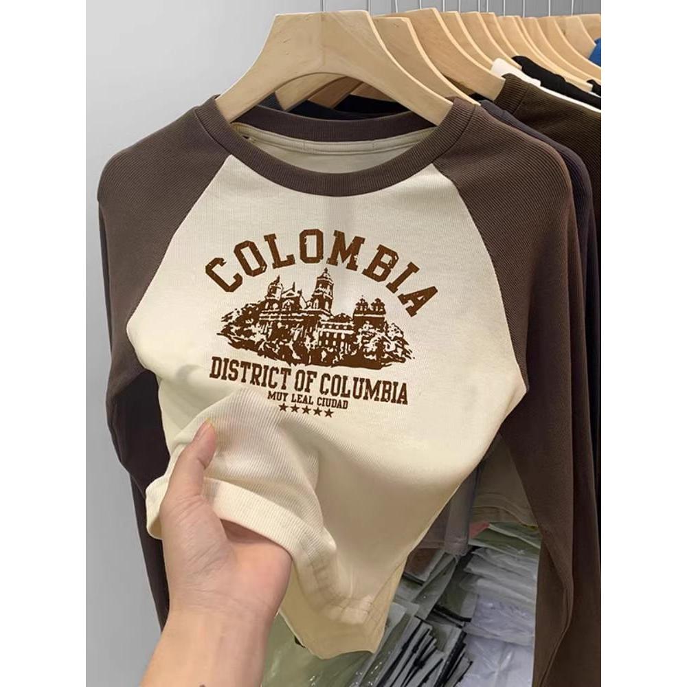 เสื้อยืดสวย เสื้อครอปแขนต่อ ผ้าใส่สบาย เสื้อพิมพ์ลาย สไตล์เกาหลี 'COLOMBIA' S-2XL การจัดส่งสินค้าในกรุงเทพฯ