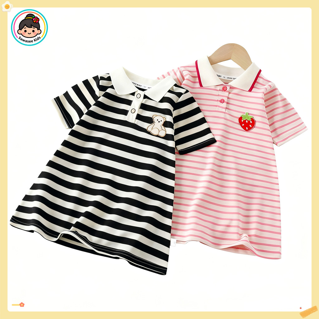 เดรสโปโลเด็ก ชุดเดรสผ้าโปโลแขนพองลายหมีกระดุมหน้า มีแถบกันเหงื่อ สำหรับเด็กผู้หญิงอายุ1-5ปี DA-K