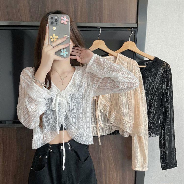 เสื้อคาร์ดิแกนลูกไม้สั้นสำหรับผู้หญิง พร้อมผ้าคลุมไหล่บางเบา สไตล์กันแดด