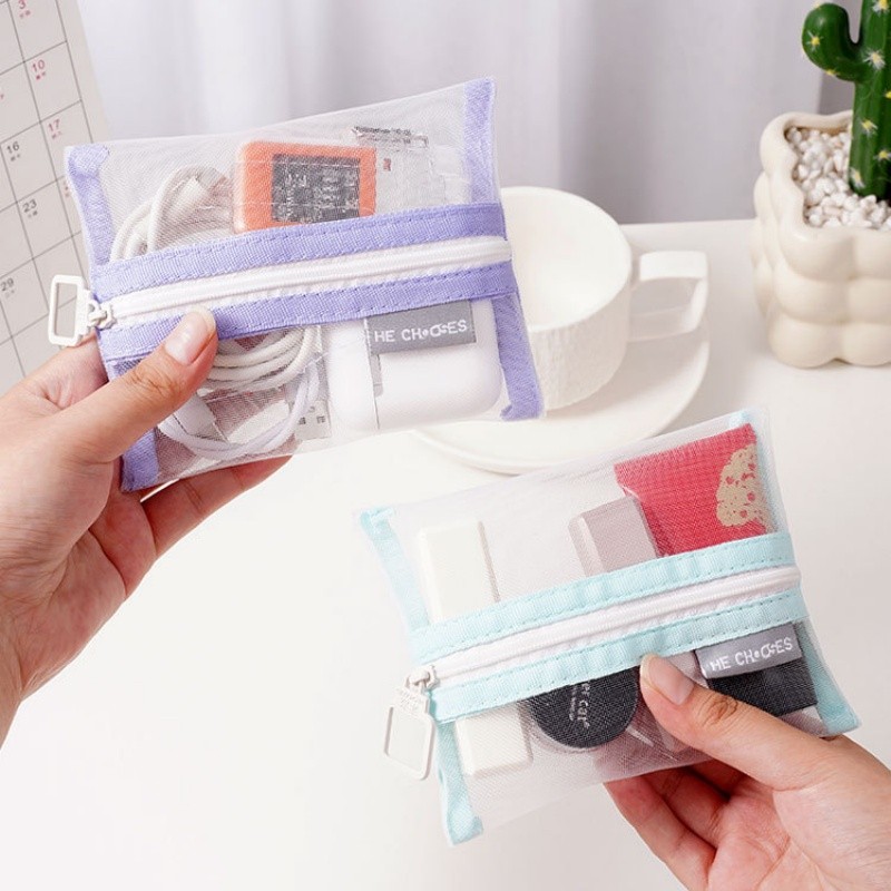 Mini Clear ไนลอนตาข่ายกระเป๋าเครื่องสําอางน่ารักผู้หญิงลิปสติกขนาดเล็กแต่งหน้ากระเป๋าสายข้อมูล Key หูฟัง Organizer Case