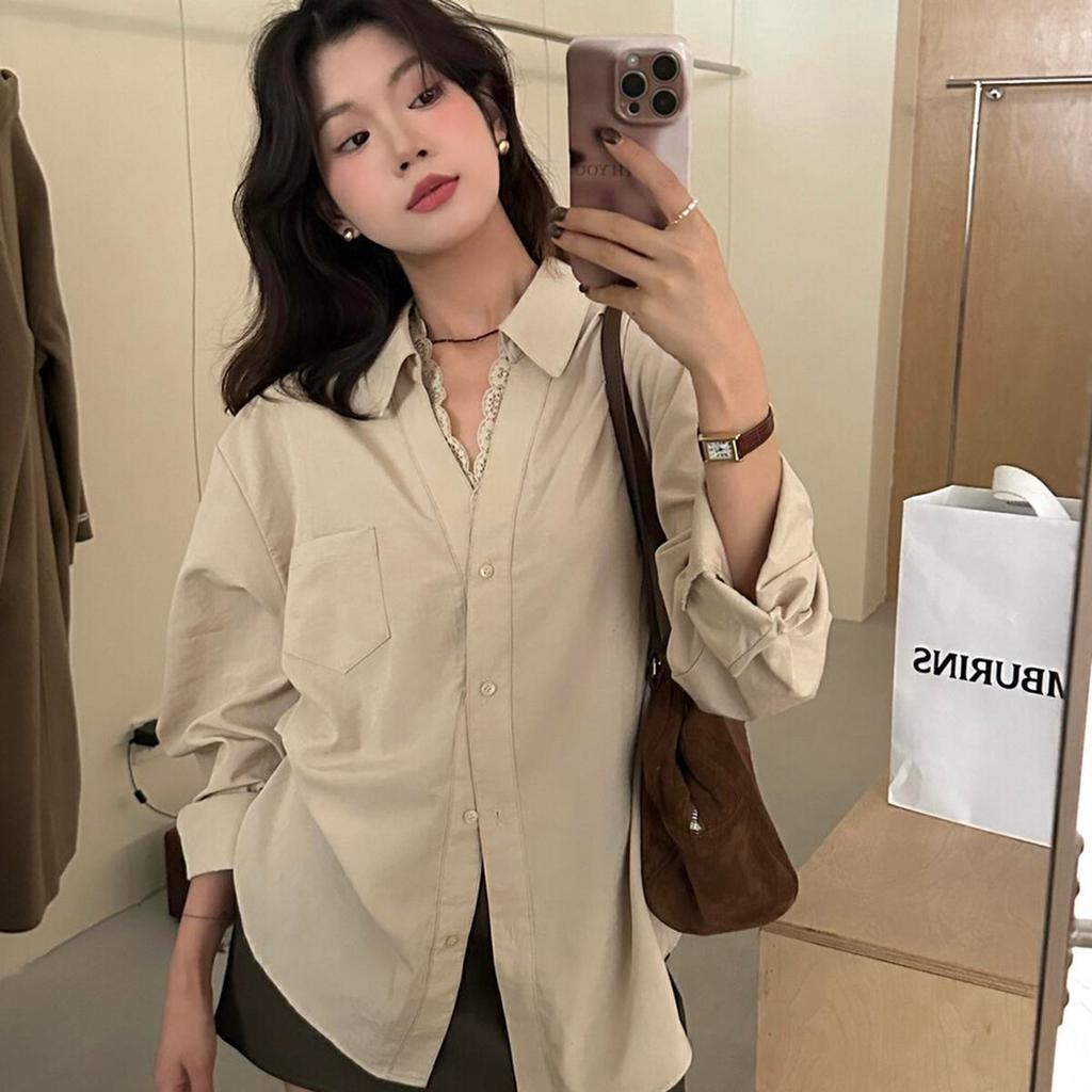 Baby Grape.W527 เสื้อเชิ้ตลูกไม้ทรงหลวม ลูกไม้แถวเดียว แขนยาว คอวี ทรงพอดีตัว ผลิตจากผ้าใหม่เอี่ยม