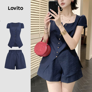 Lovito ชุดกางเกงขาสั้นลายจับจีบแบบสบายๆ สำหรับฤดูใบไม้ผลิ/ฤด…
