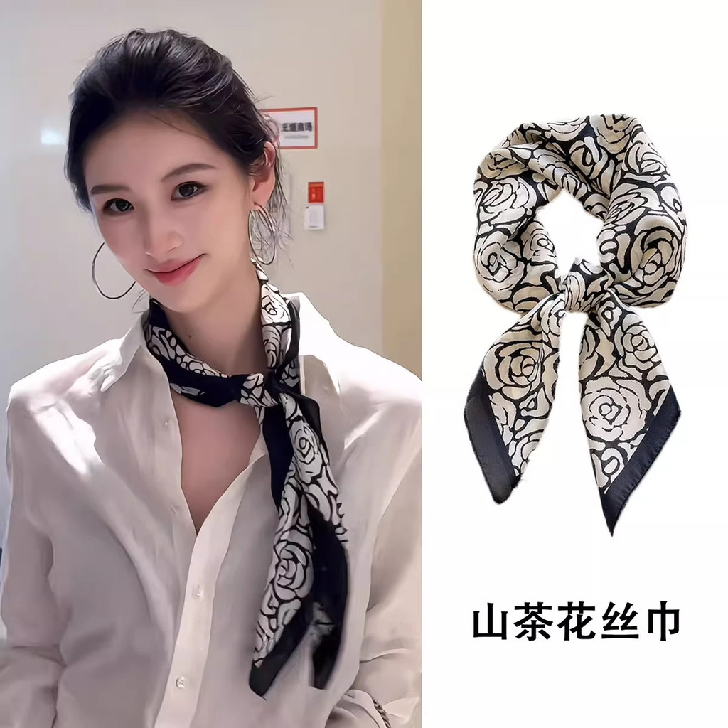 Tie คอ ins ตกแต่งสไตล์แฟชั่น Camellia เวอร์ชั่นเกาหลี High-End ผ้าพันคอสแควร์ผ้าพันคอผ้าไหมผ้าพันคอผ