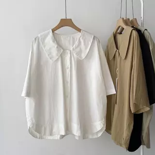 ‌[เสื้อเบลาส์โอเวอร์ไซส์] (40-150kg) เสื้อเบลาส์ผ้าลินิน แขนสั้น ทรงหลวม คอปกตุ๊กตา ผู้หญิง เสื้อฤดูร้อน พลัสไซส์ ธรรมดา