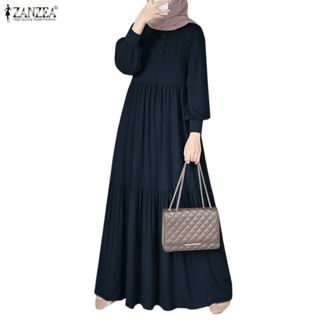 ZANZEA ผู้หญิงเกาหลีมุสลิมคอกลมแขนยาวสีทึบ Layered Ruffle He…