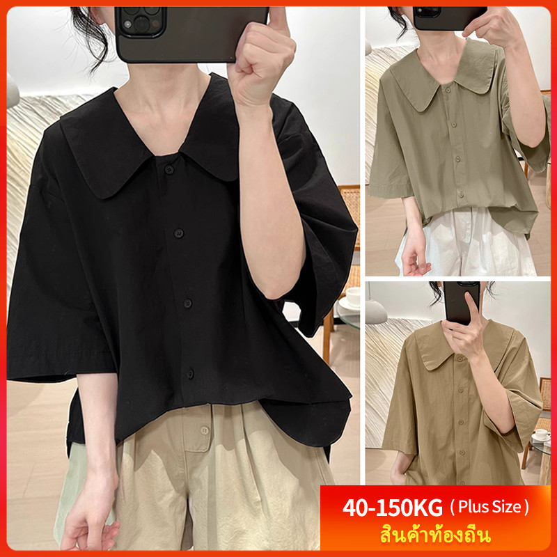 ‌[เสื้อเบลาส์โอเวอร์ไซส์] (40-150kg) ผู้หญิง ฤดูร้อน สไตล์ญี่ปุ่น ผ้าลินิน แขนสั้น เสื้อเบลาส์ ทรงพอดีตัว ปลอกคอตุ๊กตา เ