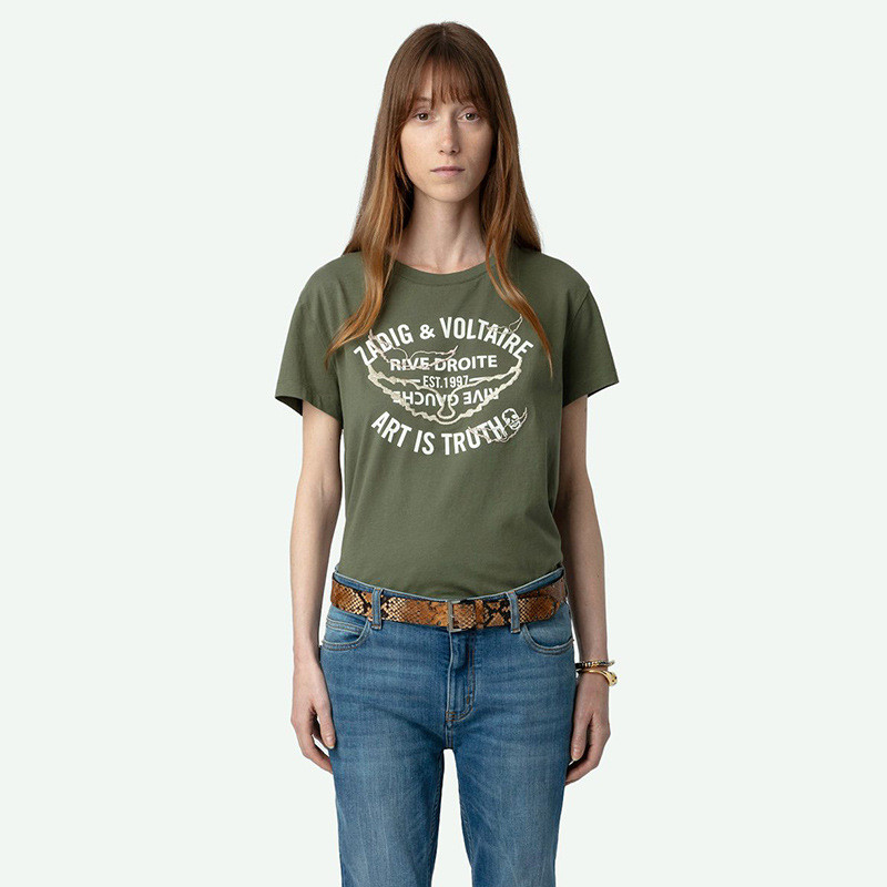 R4RB Zadig Voltaire 25Summer New French Classic Letter Print Gold and Silver Thread Wing Embroidery 