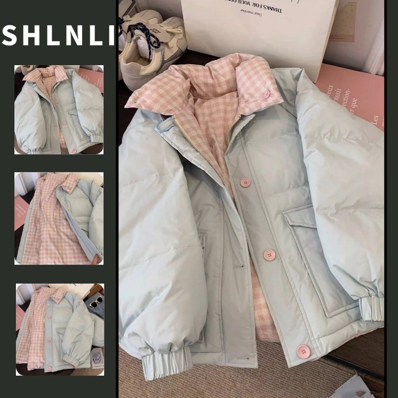 โค้ทสีตัดกันลายหมากรุกสองด้านสำหรับผู้หญิง ออกแบบมาให้อบอุ่นและสวมใส่ง่ายในฤดูใบไม้ร่วงและฤดูหนาว