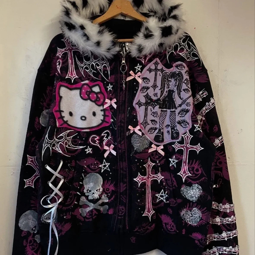 Hello Kitty Subculture Punk Harajuku Hot Girl Hello Kitty Skull Hoodie Coat