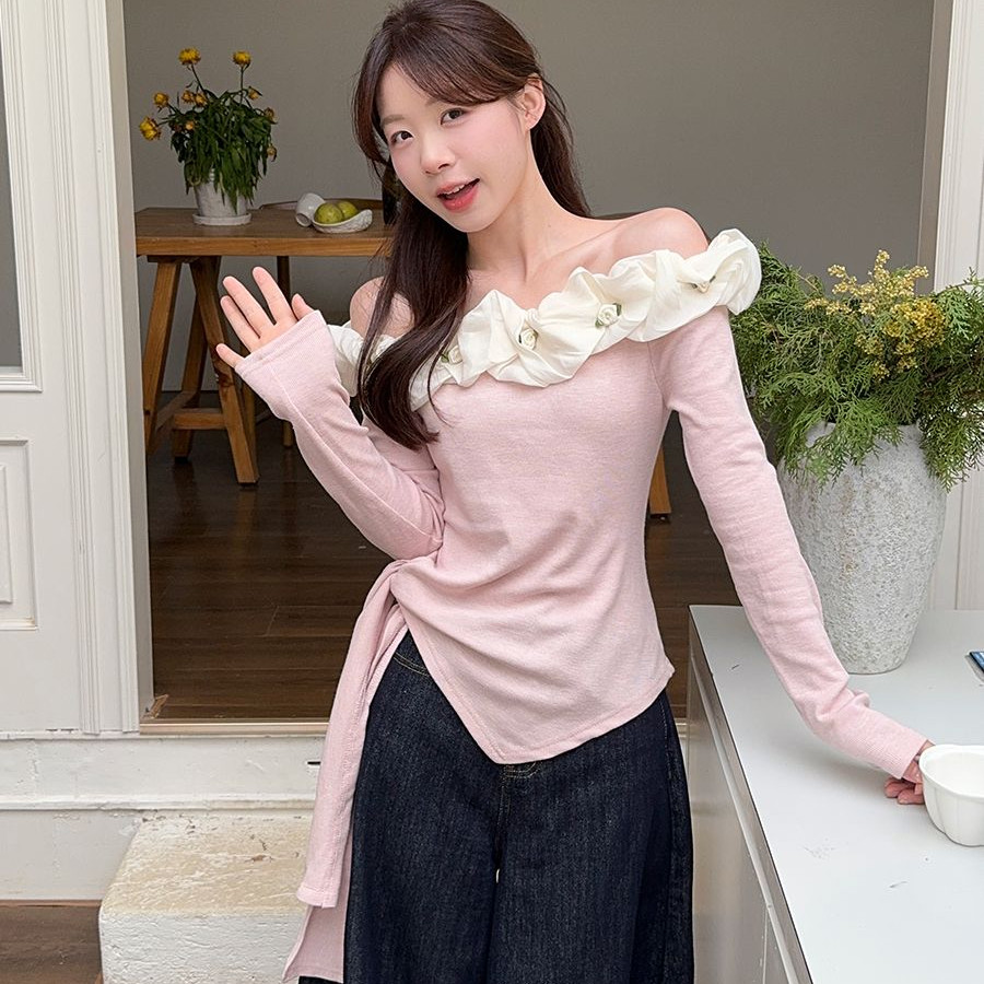 Pure Desire สไตล์หวานสามมิติดอกไม้ One-คอไม่สม่ําเสมอเสื้อยืดผู้หญิงแคบ-เอว Slimmer ดูด้านบน BPV1