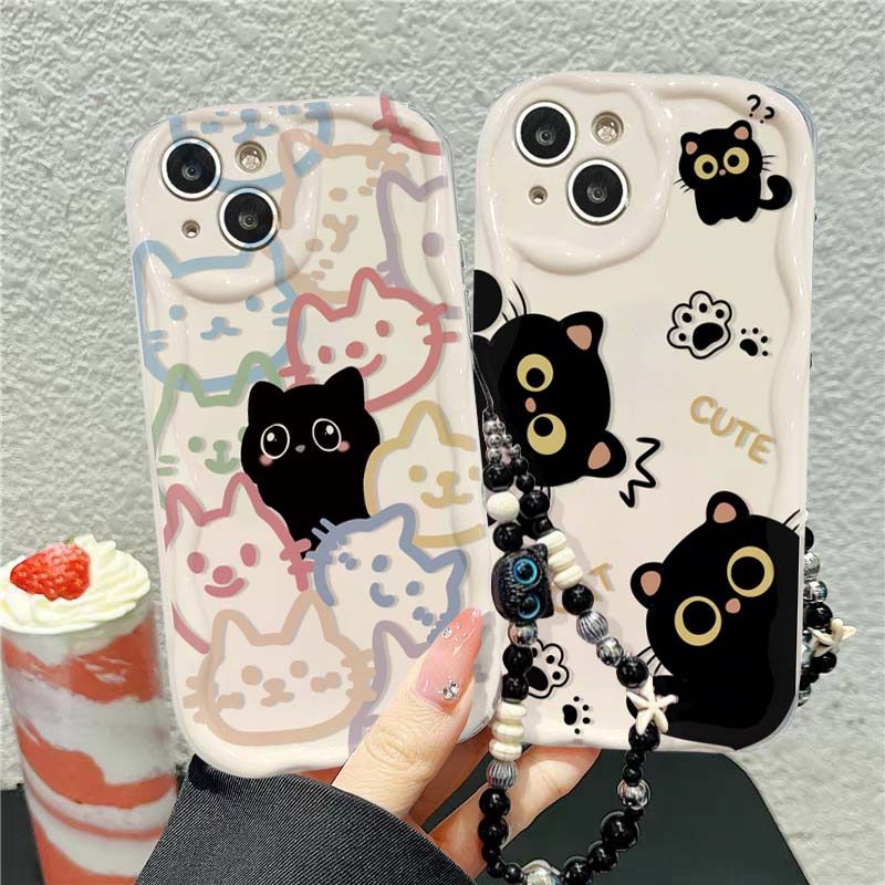 SAMSUNG กรณีแมวดําสําหรับSamsung Galaxy S23 Ultra S21 Plus S23FE S21FE S20FE F06 นุ่มพร้อมสายคล้องLa