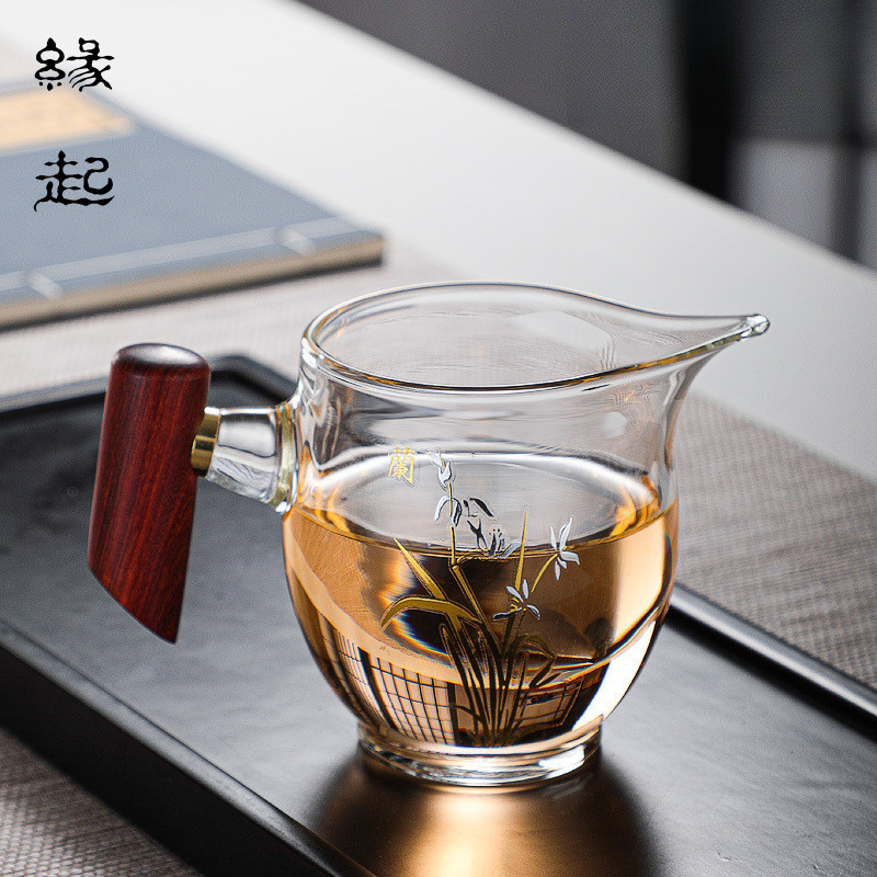 กําเนิดควันชา|แก้ว Muque ถ้วยยุติธรรมสไตล์ญี่ปุ่นด้ามไม้ชาทะเลหนาแก้วทนความร้อนชายถ้วย 260ml ตู้น้ํา