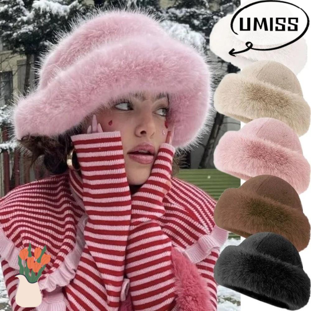 UMISTYDREAM หมวกบักเก็ต หมวกกันหนาวตุ๊กตาสีทึบ