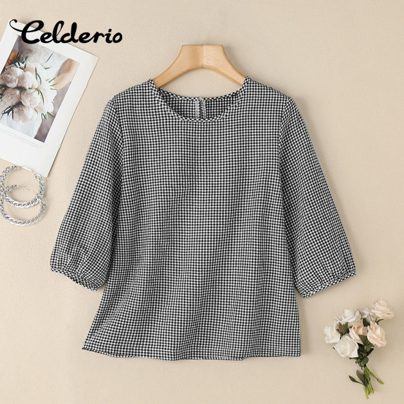 Celderio ผู้หญิง Casual Holiday ลายสก๊อตพิมพ์เสื้อลูกเรือคอ 3/4 แขน Bohemian Pullover Top